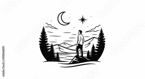 Silhouette of a person atop a rock observing a starry night landscape