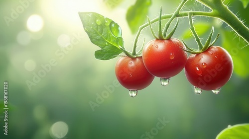 Ripe cherry tomatoes on vine with water drops, reflecting sunshine, illustrating fresh healthy eating and organic farming