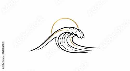 Artistic depiction of a crashing wave with a golden sun behind it