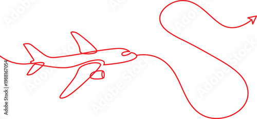 Red airplane flying with continuous line flight path  travel and transportation concept