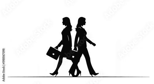 Two professional businesswomen walking together in silhouette, modern corporate style, confident and successful, office workers, colleagues, teamwork