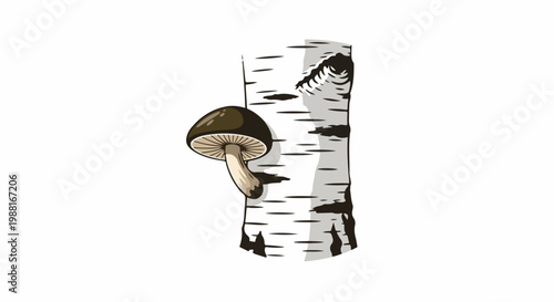 A mushroom sprouts from a birch tree trunk with dark spots