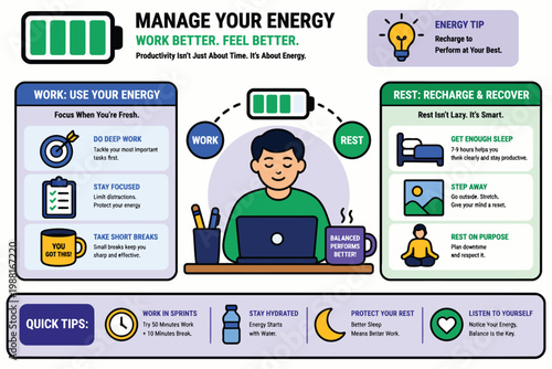 Effective strategies for managing energy to enhance productivity and well-being during work