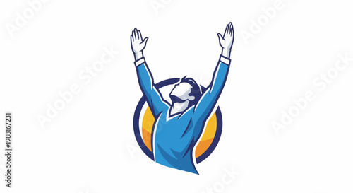 Stylized athletic figure with raised arms, celebrating victory within a circular emblem