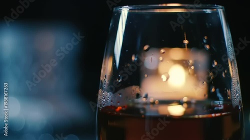 Wine glass with water drops with candlelight.