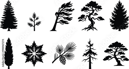 Set von verschiedenen Baum-Silhouetten, einschließlich Tannen, Kiefern und Bonsai-Bäumen.