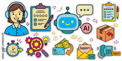 Set of customer support and AI chatbot doodle stickers. Hand drawn vector icons of operator, robot, feedback, rating, and fast technical service, isolated.