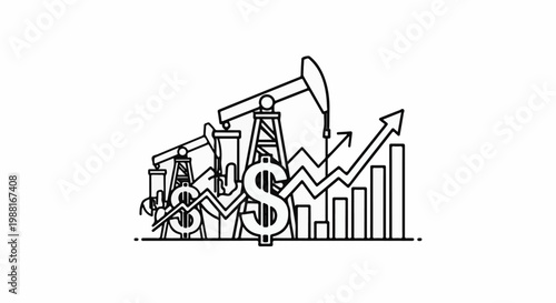 Oil rigs and dollar signs with rising bar and line graphs