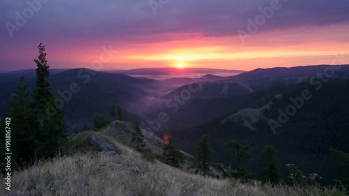 Southern Urals, Southern Kraka ridge in summer: sunrise in the mountains.