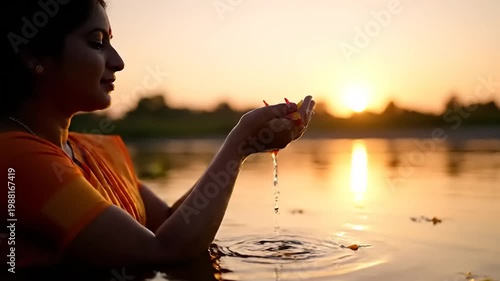 Woman in water at sunset holding water in hands.