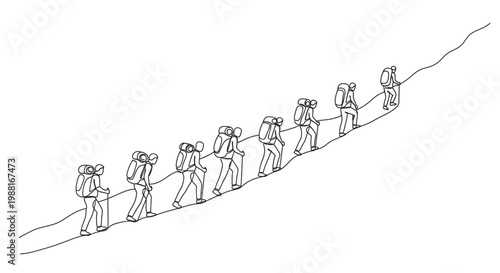 Group of hikers ascending a mountain path in a linear monochrome illustration
