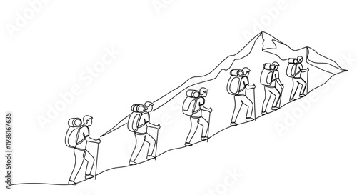 Group of hikers ascending mountain line art illustration for adventure themes