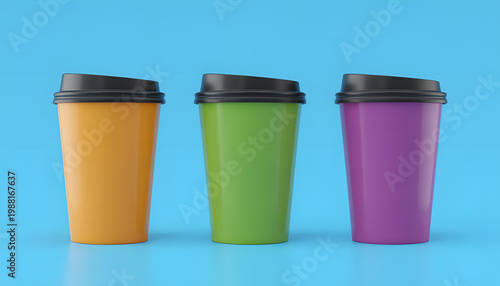 Three colorful coffee cups on blue.