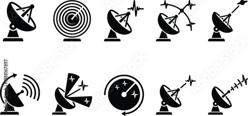 Eine Sammlung von zehn schwarzen Vektor-Symbolen, die Radar, Satellitenschüsseln und Signalübertragung darstellen.