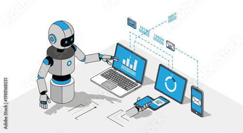 Robot Interacting With Modern Technology Devices.