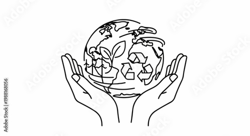 Hands cradle a globe with a seedling and recycling symbol