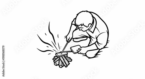 Person crouches, using welding tool on wood pile with sparks