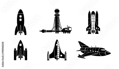 Rocket and spaceship silhouette collection with retro and futuristic space vehicles in grid layout vector