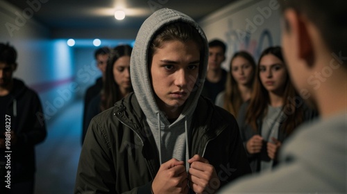 A group of young people stand engaged in conversation in a modern indoor setting with artificial lighting casting shadows and a tense atmosphere.