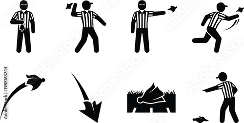 Piktogramm-Set eines American-Football-Schiedsrichters mit verschiedenen Aktionen und Posen beim Werfen einer Strafflagge.