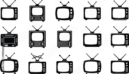 Eine Sammlung von fünfzehn verschiedenen alten Fernsehgeräten im Retro-Stil als Vektor-Icons.