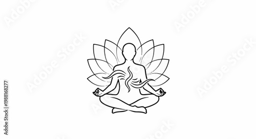 Figure meditating in lotus pose with flowing energy and lotus flower backdrop