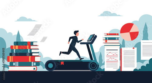 Businessman running on treadmill surrounded by books and documents in flat vector illustration