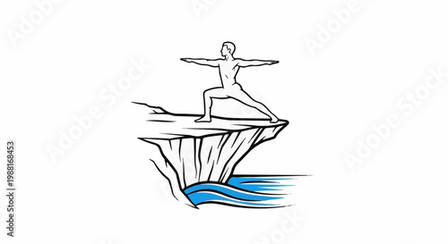 Person performing yoga pose on edge of cliff over blue water