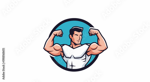 Muscular man flexing arms inside a circular frame, cartoonish style