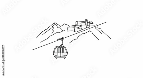 Cable car ascends toward a mountaintop fortress overlooking jagged peaks