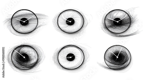 Six stylized eye-like clocks in varying black, gray, and white tones, set against a plain white background