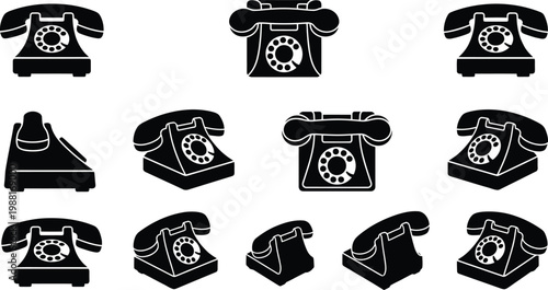 Set von zwölf schwarzen Silhouetten klassischer Wählscheibentelefone in verschiedenen Ansichten.