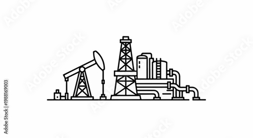 Industrial oil extraction and processing facility with pumpjack