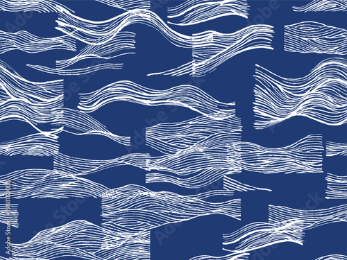 Seamless hand drawn Japanese inspired wave pattern. Abstract woodcut style featuring rhythmic blue brush line arches on a white background. Traditional marine artisan textile art.