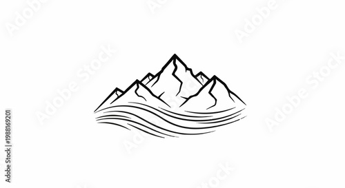 Stylized black and white mountain peaks with wavy lines below