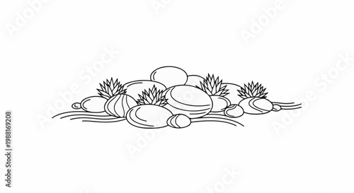 Line art of smooth stones and spiky plants on wavy lines