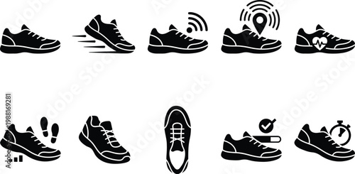 Set von schwarzen Glyphen-Symbolen für intelligente Laufschuhe und Fitness-Tracking-Funktionen.