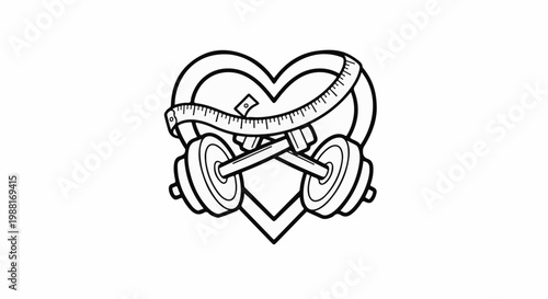 Stylized heart with crossed dumbbells and measuring tape