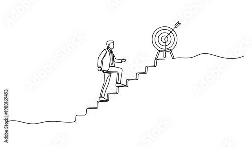 Continuous line business growth stairs vector man climbing target success minimalist outline sketch design