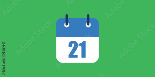 Vector illustration of specific day calendar marking day 21, vector icon for websites and projects in green and blue colors.