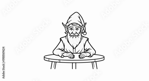 Elderly elf in pointy hat with beard sits behind a round table