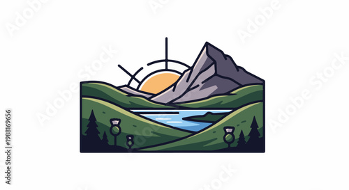 Stylized mountain landscape with a lake and sun rising over hills