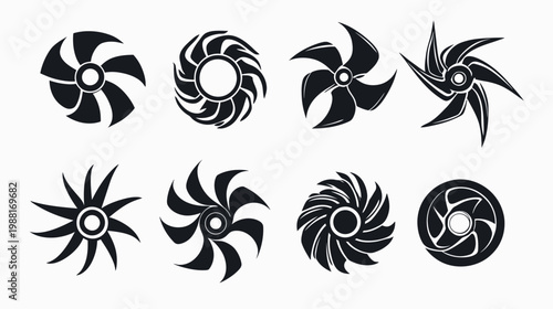 Collection of stylized black fan or propeller designs, varying blade shapes and arrangements