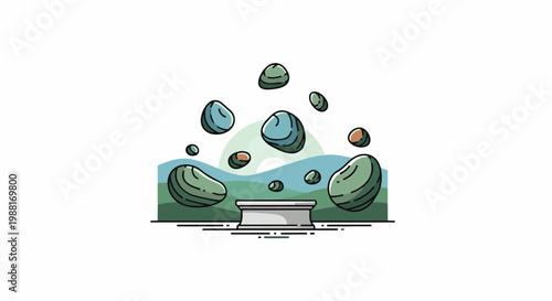 A surreal landscape with floating stones above a pedestal and rolling hills