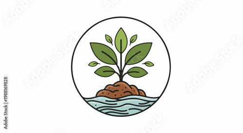 Simple illustration of a green plant growing from soil surrounded by water
