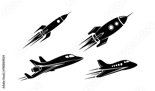 Stylized spaceship rocket silhouettes with dynamic sci fi space exploration designs isolated vector