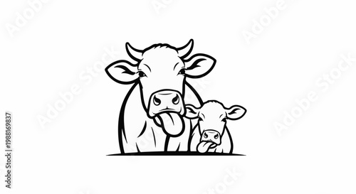 Whimsical cartoon mother cow and calf sticking out tongues