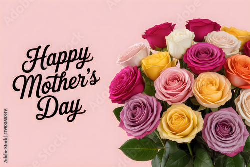 Multicolored rose bouquet with happy mothers day text on pink background