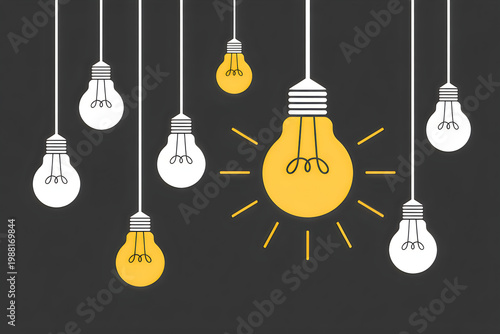 Multiple hanging light bulbs with one glowing yellow bulb on a dark grey background