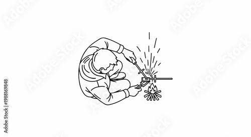 Person welding metal pieces with sparks flying by a small campfire